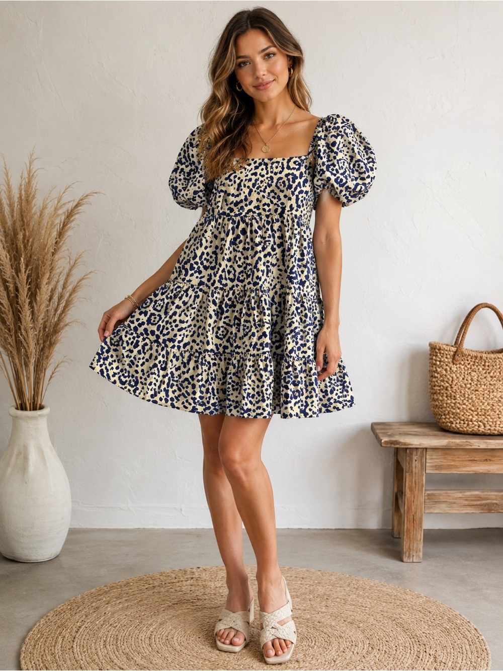 Faithfull the Brand Mini Dress Animal Print Puff Sleeve Babydoll Small Boho
